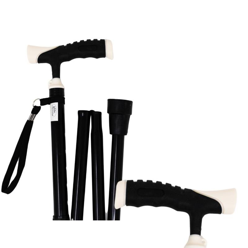 Canne pliante noire avec poignée bimatière noire et blanche
