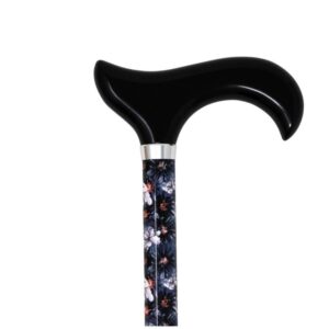 Canne de marche en aluminium, réglable en hauteur et motif floral sur fond bleu nuit