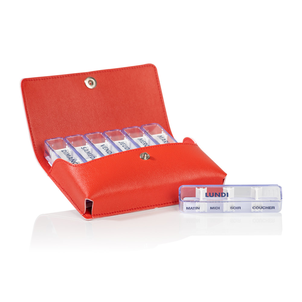pilulier medidose simili cuir rouge